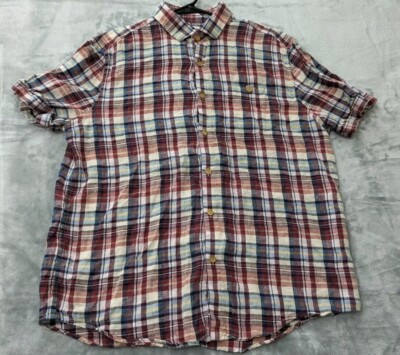 Baird McNutt Shirt Mens L 100% Linen Murano Short Sleeve Plaid Button Up Casual 