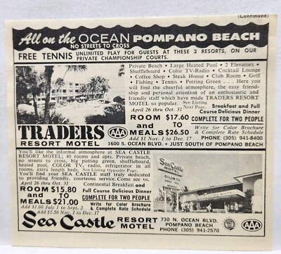 1972 Sea Castle Traders Resort Motel Pompano Beach Florida Ocean Blvd Print Ad