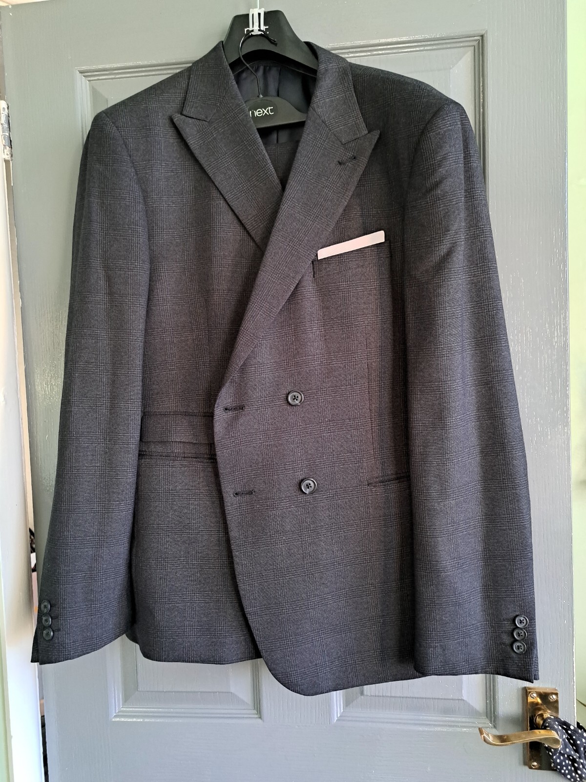 Next Mens Formal Wear Grey Check Suit Slim Fit 44R Double Breasted 2