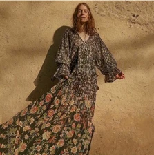 NWT Rococo Sand Hana Printed Kaftan Maxi Dress Black Size XS retail $398