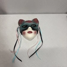 Vintage Glossy Glazed Ceramic 4 x 4 inch Womans Face w/ Cat Mask Clay Art