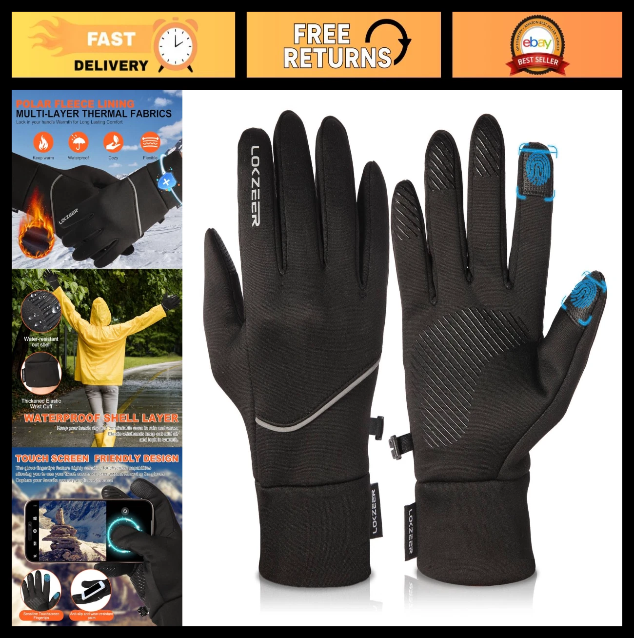 Winter Cycling Gloves Waterproof Thermal Touchscreen Anti-Slip for Biking, Runni