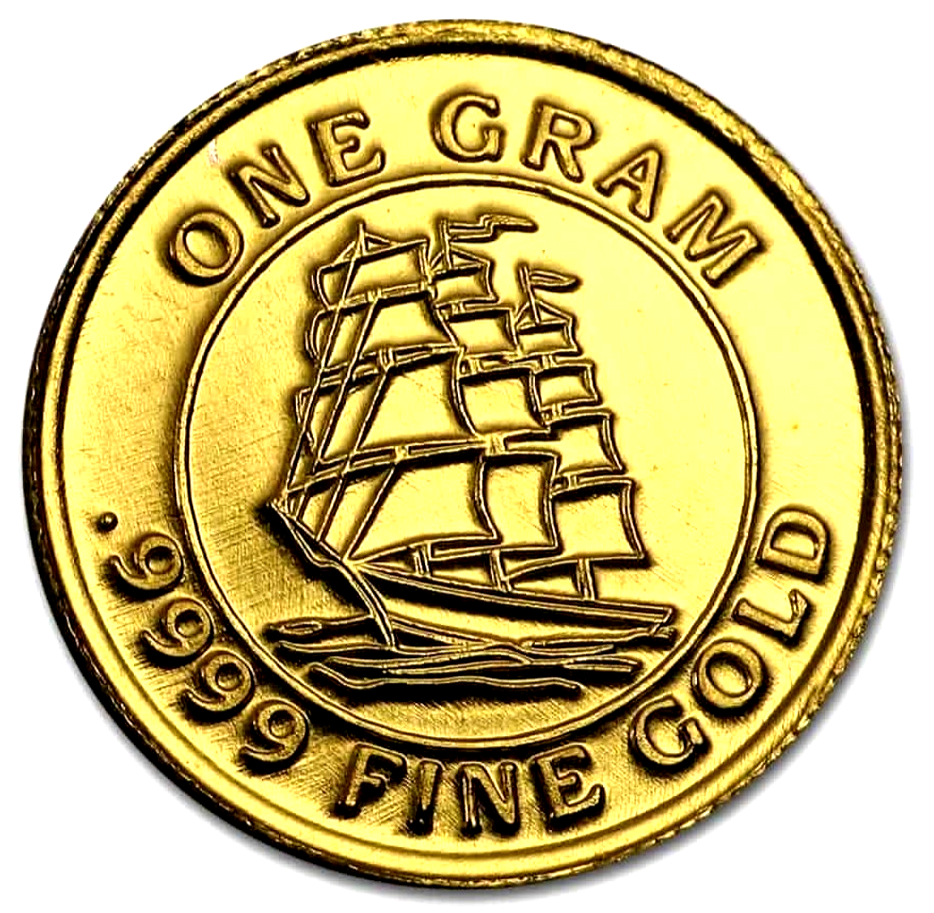 1 GRAM MONARCH TALL SHIP .9999 FINE GOLD ROUND IN SEALED CAPSULE
