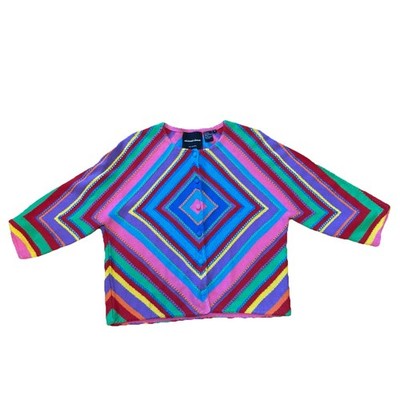 Michael Simon Rainbow Geometric Cardigan Sweater Womens M Colorful Artsy Knit