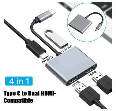 USB C HUB 4in1 auf 2X HDMI (4K30Hz) 1x USB 3.0  1x Typ C PD Charge 100W Adapter - Bild 1 von 4