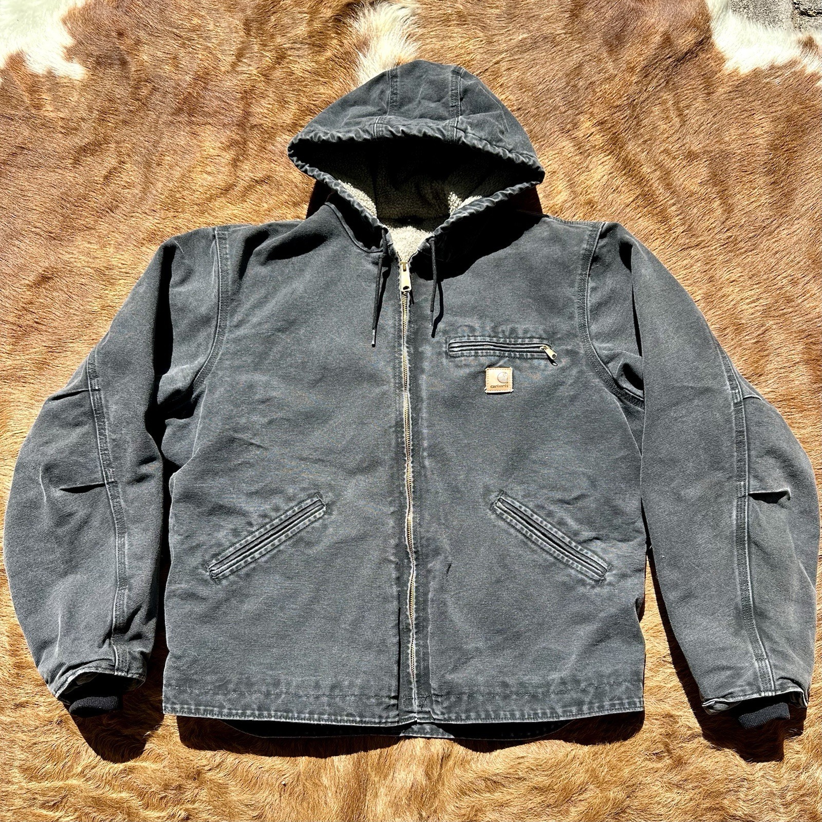 Vintage Carhartt J141 Sherpa Lined Hooded Work Jacket Detroit Distressed