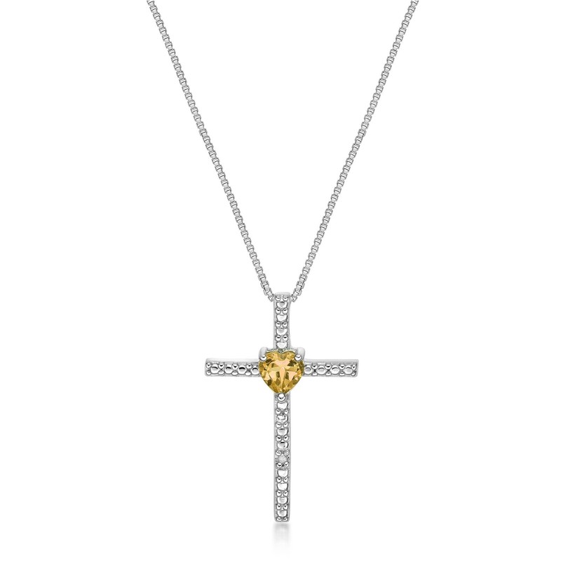 925 Sterling Silver 4MM Heart Shaped Citrine Cross Pendant with 0.01 cttw Diamon