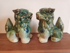 Chinese Pair Vintage Green Ceramic Foo LION Guardian Dogs 5. 5" Tall
