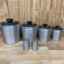 VTG Kromex Aluminum Canister Set of 4 Flour, Sugar, Coffee, Tea & Salt & Pepper