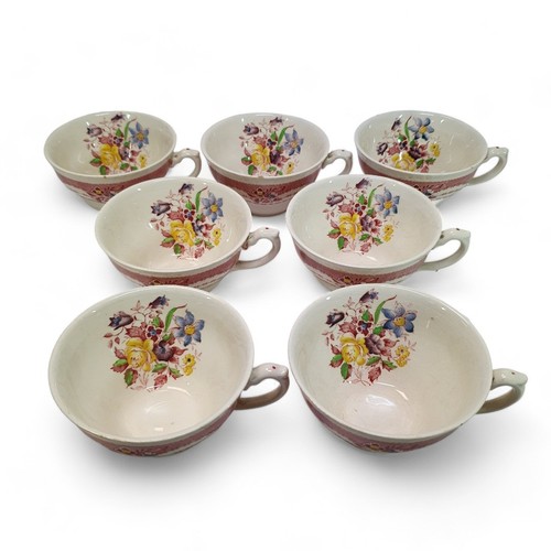 Antike Ridgeways Rutland rot Transferware Teetassen x7 handbemalt Blumenmuster