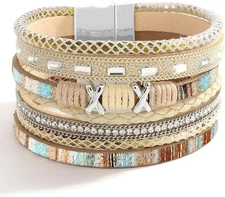 Leopard Bracelet for Women, Boho Leather Wrap Multi-Layer Pearl Crystal