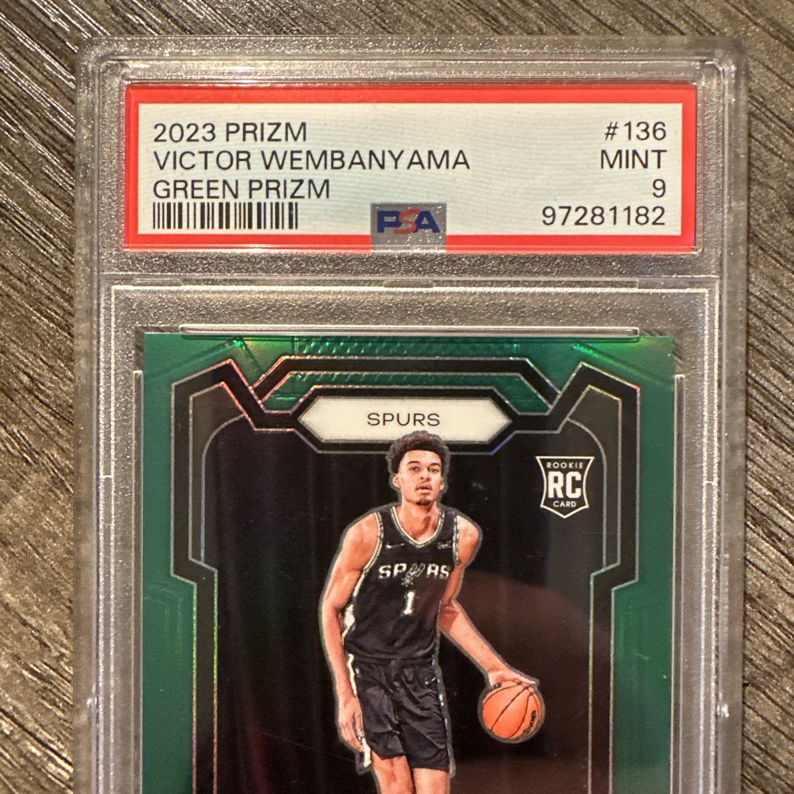 Victor Wembanyama 2023-24 Panini Prizm #136 Green Prizm Rookie RC PSA 9 Spurs view 3