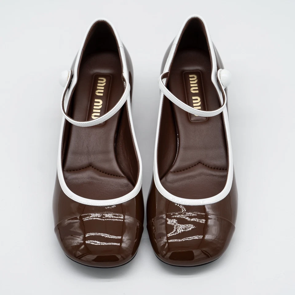 size 39.5eu 9.5 US Miu Miu Two-Tone Patent Leather Mary Jane Pumps Brown - Image 3 of 4