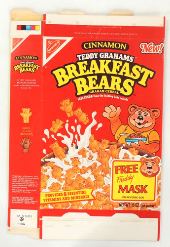 Vintage Cinnamon Teddy Grahams Breakfast Bears Cereal Box Flattened w/ Mask 1990