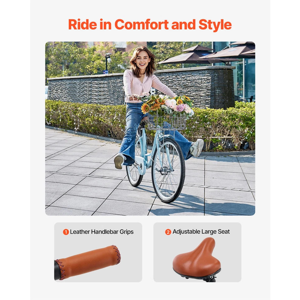 26 Inch Beach Cruiser Bike 1-Speed City Bicycle with Basket for Women,Light Blue - Image 2 of 4