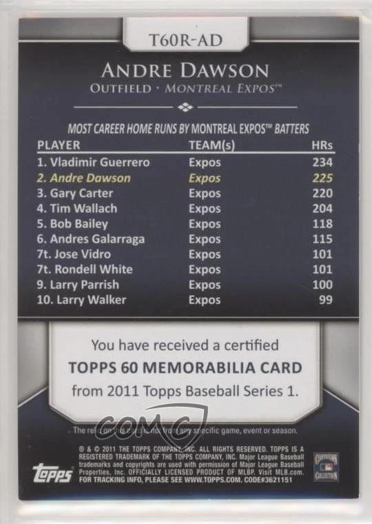 2011 Topps Topps 60 Relics Series 1 Andre Dawson #T60R-AD HOF - Image 2 of 2