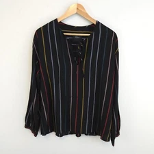 Rails Women's Black Nina Jordan Stripe Top Rayon Long Sleeves Size M