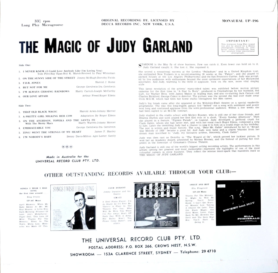 Judy Garland-The Magic Of Judy Garland LP 1961 Universal Record Club – UP-496 - Image 3 of 3