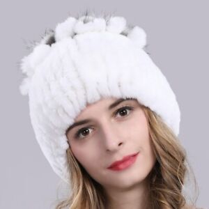 Echte Hasen Mutze Gestrickt Winter Mutzen Beanie Frauen Rex Kaninchen Pelz Mutze Ebay