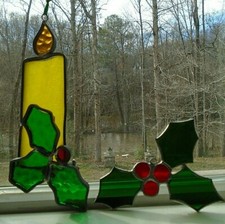 Stained Glass Candle  Holly Berries Sun Catcher Christmas Ornaments Set of 2