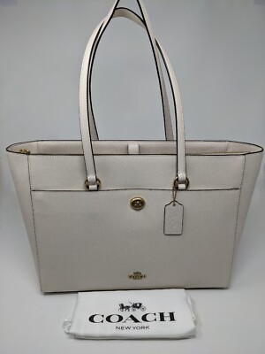 Coach Leather Folio Tote Turnlock Handbag Large Chalk White
