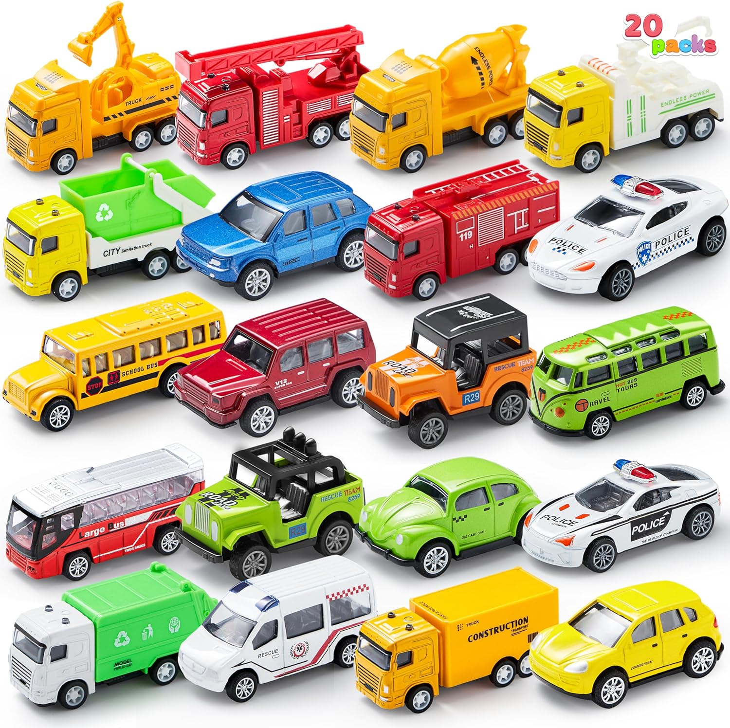 20PCS Die Cast Metal Pull Back Toy Cars, Vehicle Set for Toddlers, Child Party F