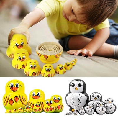 Wooden Russian Nesting Doll Hand Painted Cartoon Duck Chicken Owl Toys DE N4B3