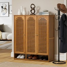 Oikiture Shoe Storage Cabinet 3 Doors Bamboo Shoe Organiser Shelf Brown