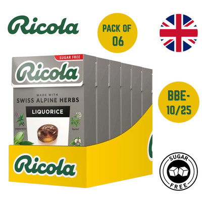 6x Ricola Lakritz Schweizer Kräutertropfen Lutschtabletten Süßigkeiten zuckerfrei 45g BBE - 10/25