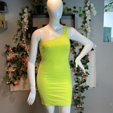 Ribbed One Shoulder Bodycon Mini Dress Neon Yellow Size L RefFNB