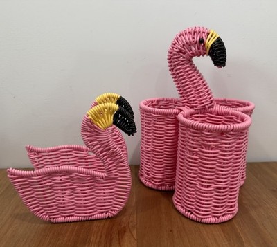 Ciroa Summer Pink Wicker Tropical Flamingo Utensil Caddy Basket & Napkin Holder