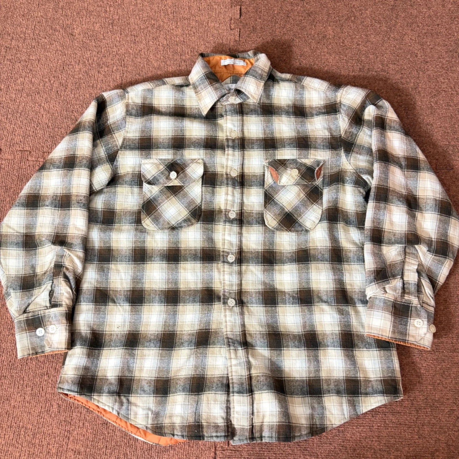 Windbreaker Mens Plaid Quilted Flannel Shirt Jacket Brown Cream Lined Korea L