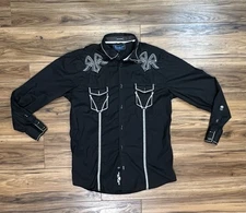 ROAR Mens Western Rodeo Cowboy  Black Embroidered Long Sleeved Shirt Sz L