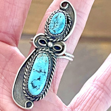 Long Navajo Nugget Turquoise Ring Sz 8 Signed Sterling 8.6g VTG Mid Century 60s
