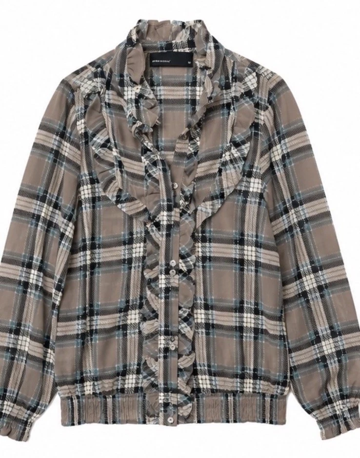 VERO MODA Women’s M Sheer Plaid Ruffle Blouse Smocked Hem Long Sleeve Top