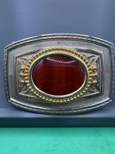 Vintage Collectible Red Agate Stone Goldtone Silvertone Belt Buckle