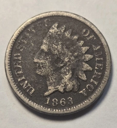 1863 Indian Head Cent 1c Penny, Good Details, Env Damage - Exact Coin Shown