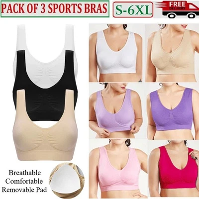 3 PACK Womens Ladies Sports Sleep Comfort Bras Full Cup Non-Wired Seamless Soft