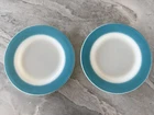 Vintage Pyrex Milk Glass Plate MsTurquoise Aqua Teal Blue Band Rim 8.25" Set 2
