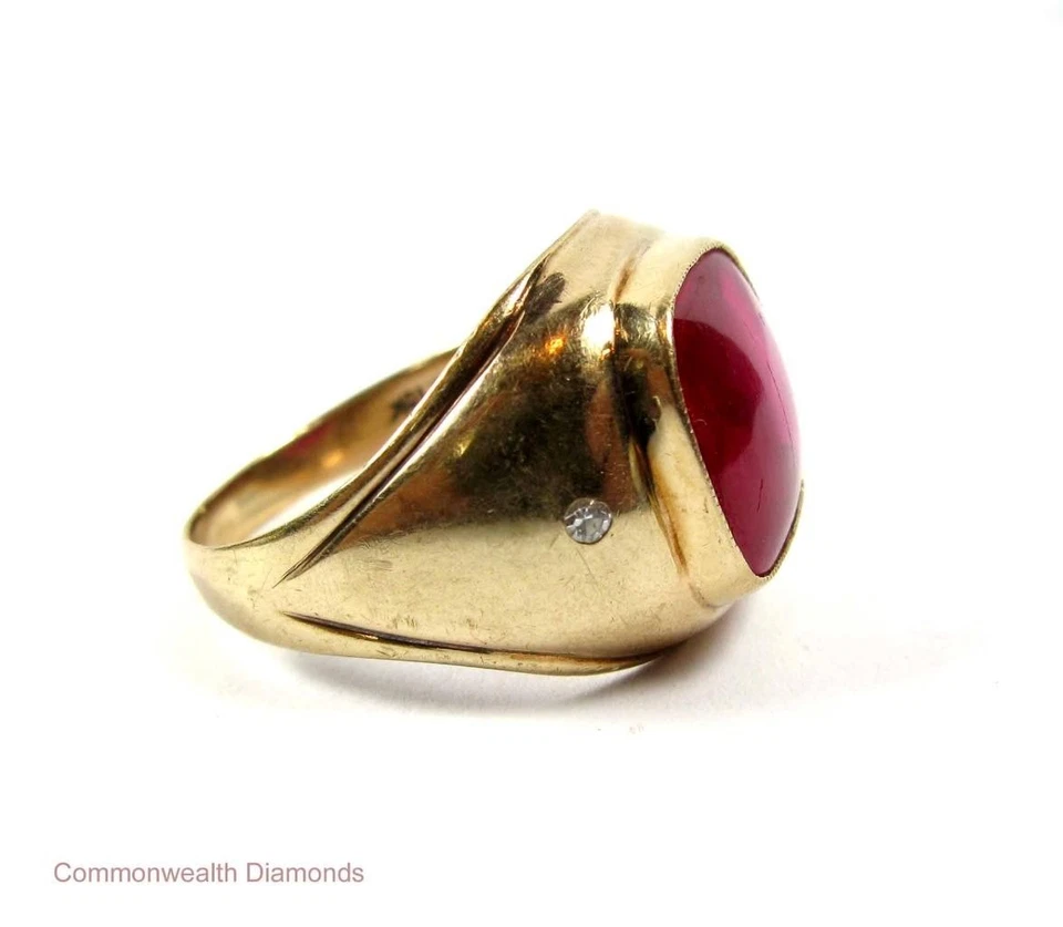 Anillo para hombre y mujer pinky 7 quilates rubí de laboratorio cabujón diamante oro amarillo de 10 quilates 7,5 g Foto 2 de 4