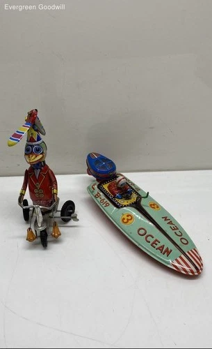 Pair of Vintage Tin Toys, Bandai B-619, Duck on Bike, Wind-up Toys