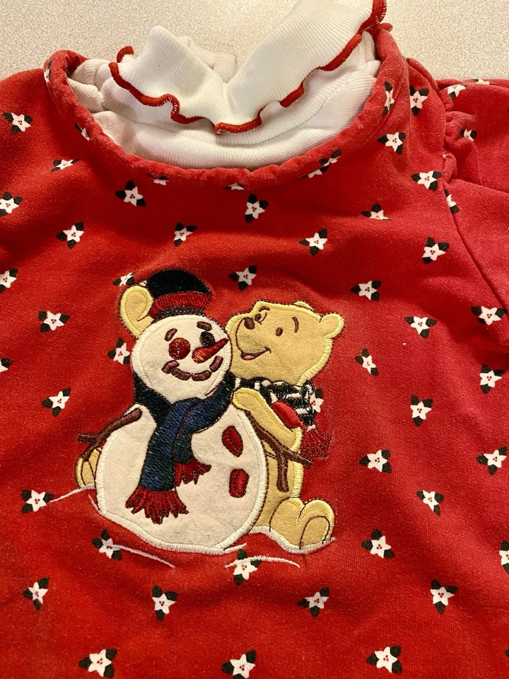 Vintage Disney Pooh Baby Romper Winter Christmas Holiday 3/6 Month Snowman Y2K - Image 2 of 4