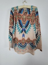 Vocal Womens Small Aztec V-Neck Knit Pullover Sweater Tunic Multicolor USA Made