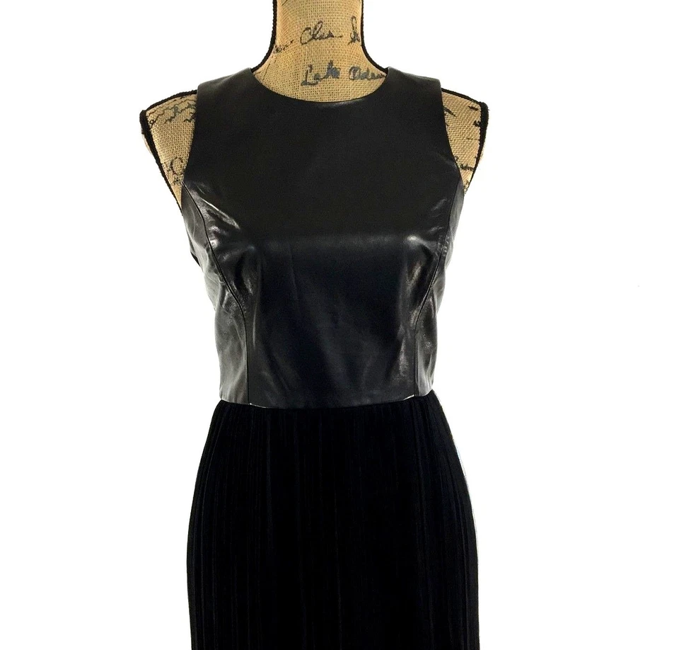 Ann Taylor 晚礼服 6 M 码黑色皮革雪纺褶饰长裙全新 398 美元 — 第 2/4 张图片