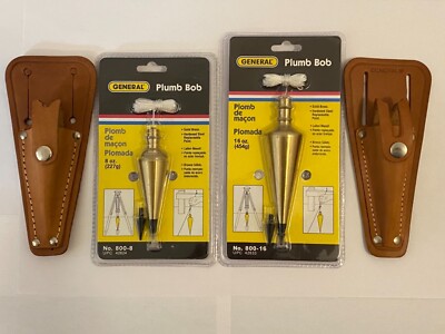 GENERAL TOOLS #800-8 OZ. & #800-16 OZ. BRASS PLUMB BOBS W/LEATHER SHEATHS - NEW