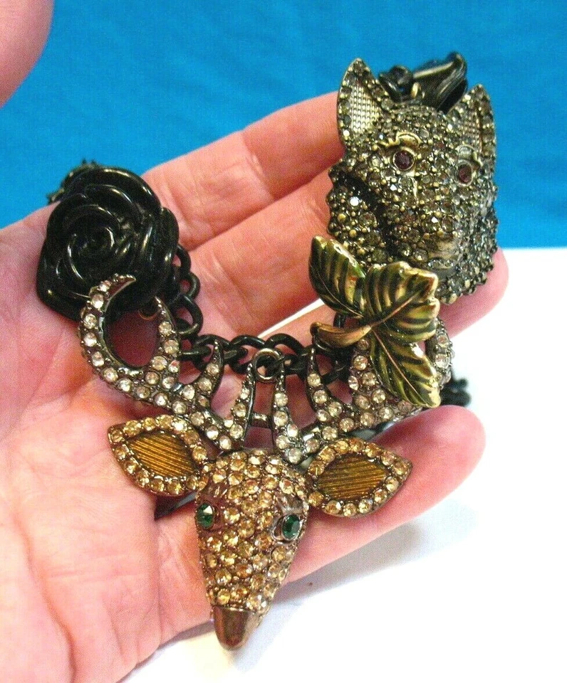 COLLAR VINTAGE BETSY JOHNSON RARO ENCANTO ANIMALES ROSAS ESTRÁS NEGRO Foto 2 de 4