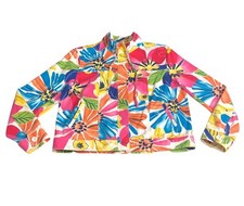 Coldwater Creek Jacket Women 12 Colorful Floral Watercolor Artsy Cotton Zip Boho