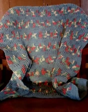 New Vintage Handmade Crochet Afghan Blue Multi Color 36" x 50" Lap Blanket