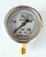 Houston GAUGES 2-1/2inch Dial Size, Liquid Filled Pressure Gauge, 0-200psi, 304 