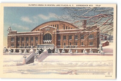 Postcard Olympic Arena in Winter Lake Placid NY Adirondack Mts. Hockey Venue 40s